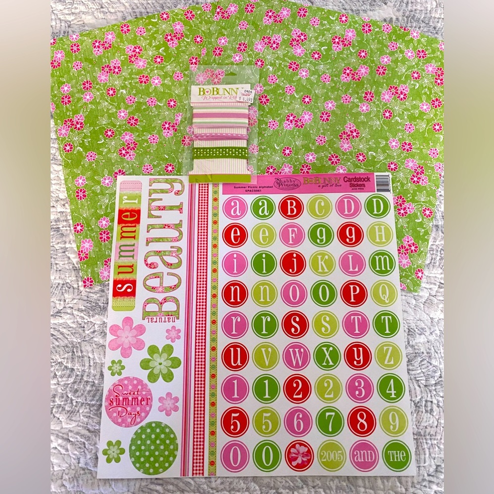🌸 BO BUNNY “SUMMER PICNIC” STICKERS & SCRAPBOOK PAPER BUNDLE. RETIRED DESIGN!